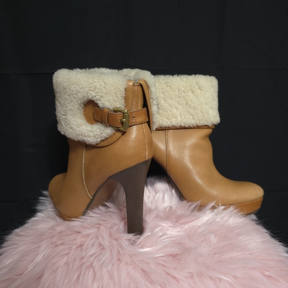 Coach Shearling Boots Apple Leather High Heel Luggage Brown Size 6.5 - Picture 1 of 13
